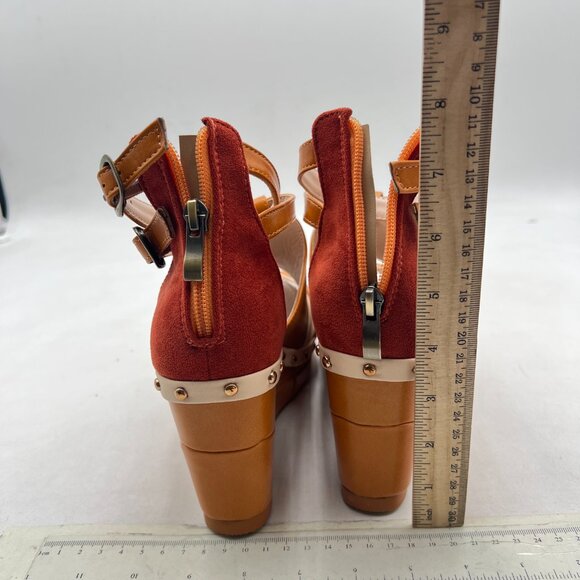 FSJ Tan Open Toe Buckle Strap Platform Shoes Studded Vintage Wedge Heels - Picture 5 of 8